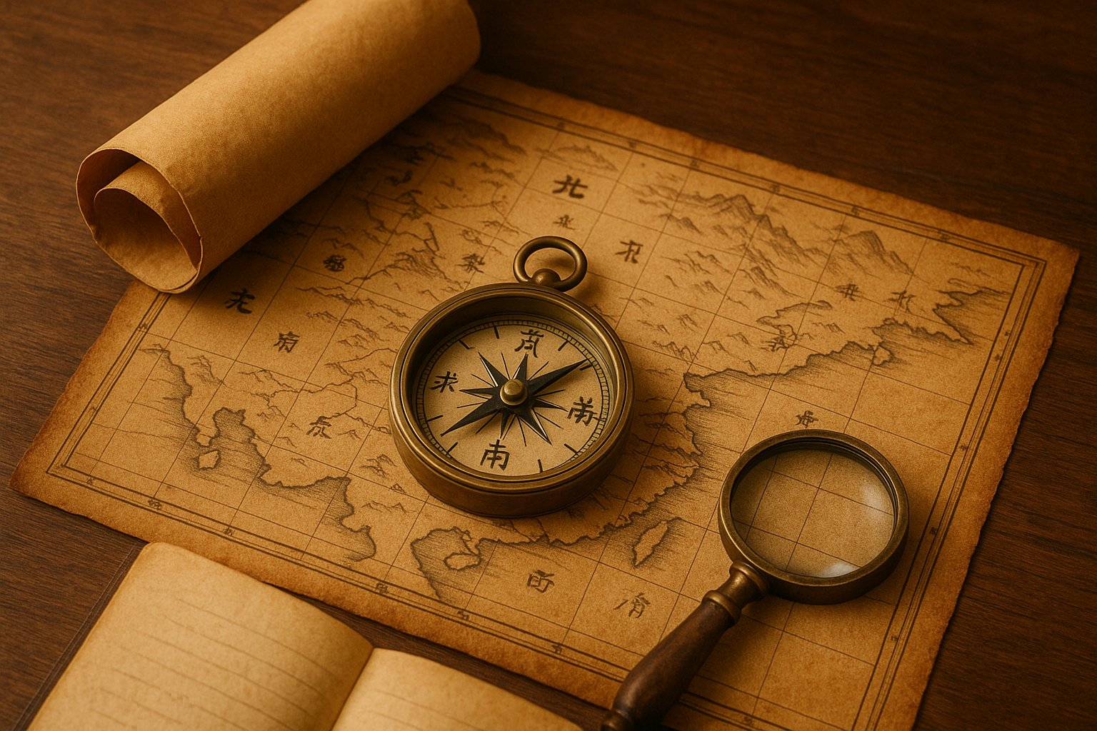 古い地図の上に置かれたコンパスと虫眼鏡、航路や方向性を探るイメージ。副業ブログの10月の展望や戦略を象徴する写真。