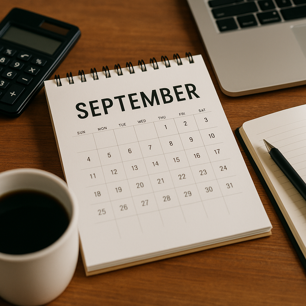 机の上に置かれた9月のカレンダーとノート、パソコン、電卓、コーヒー。副業ブログの9月総括や収支報告をイメージした写真。