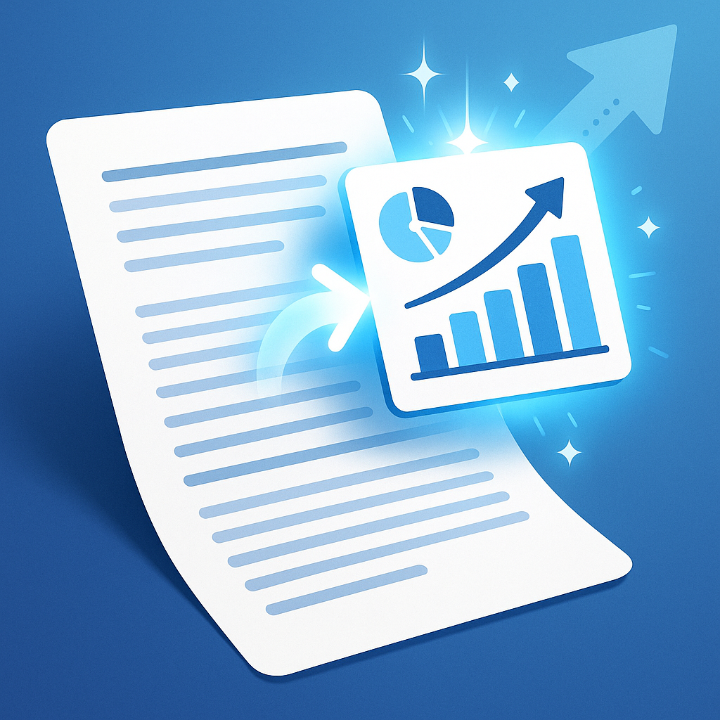 文章データがグラフや統計に変換され、成果や成長を示すイメージイラスト。副業ブログの記事がアクセスや収益アップにつながる様子を表現している。