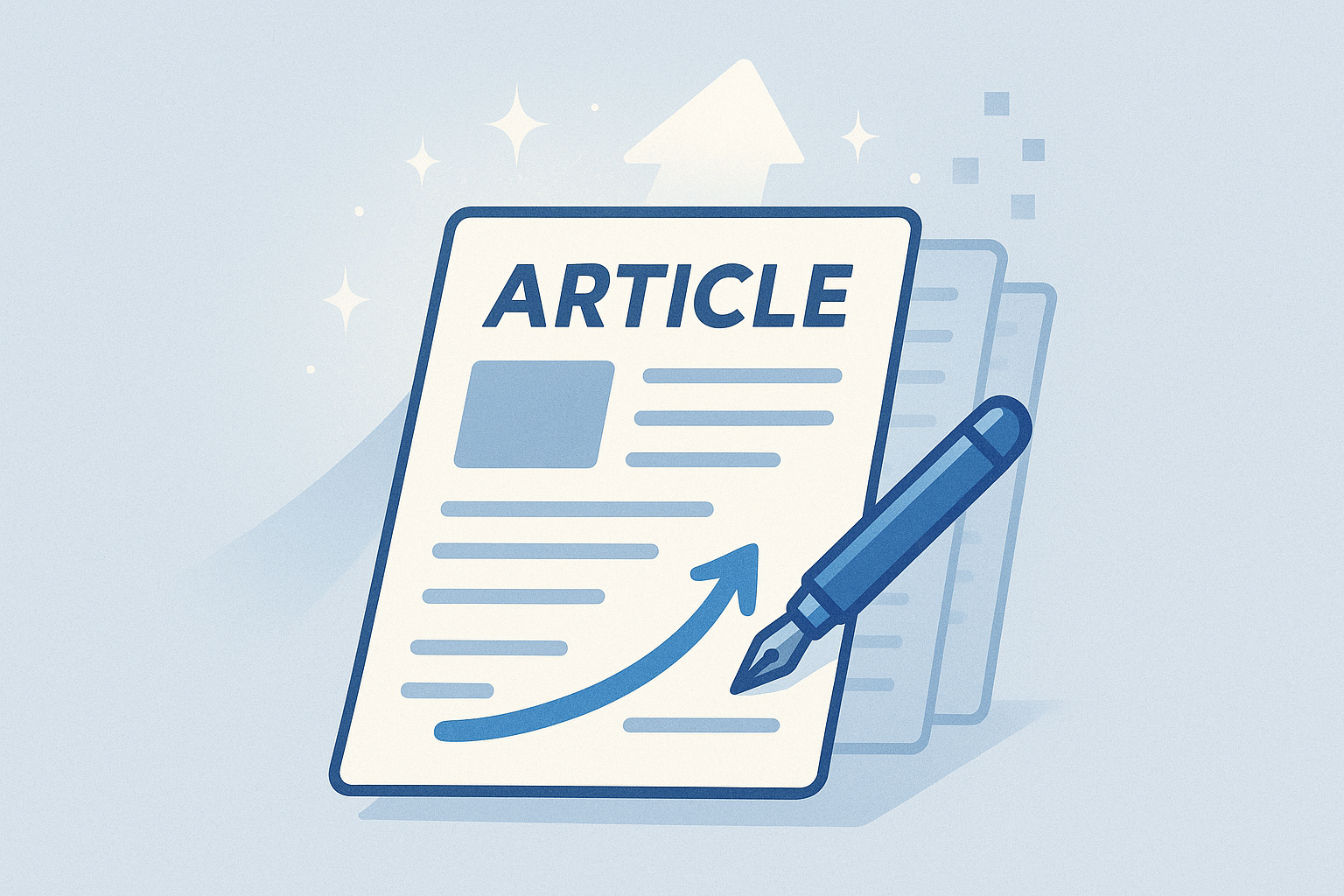記事作成をイメージしたイラスト。ARTICLEと書かれた紙とペン、上向き矢印でブログ記事の成長やSEO向上を表現している。